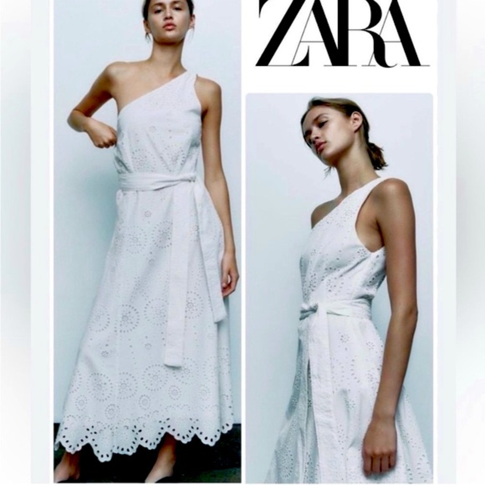 Zara White Embroidered Eyelet Asymmetric Midi Dress Size M NWT Summer Chic
